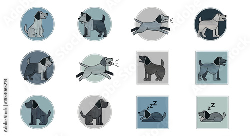 Dog puppy and canine illustrations in a playful design for pet adoption animal shelter promotion with cute dog icons showcasing various poses like sitting running and sleeping Mascot emblem and logo