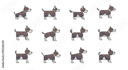 Dog puppy and canine in playful motion for pet adoption animal shelter awareness with adorable dogs running and jumping happily Illustration vector graphics and icon set with cute dog breeds and