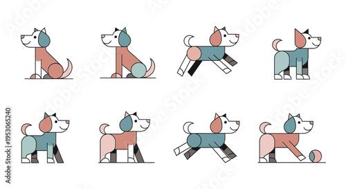 Dogs puppies and canine illustrations in a playful sequence for animation children s books and pet adoption awareness with cute dog characters demonstrating various actions like sitting standing and