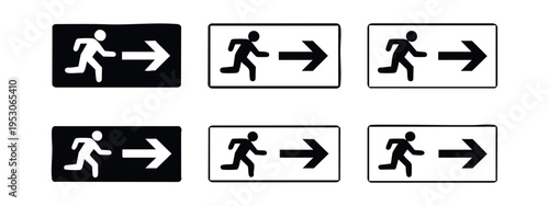 Emergency Exit Sign Icons Set with Running Man and Right Arrow. Evacuation and Safety Pictograms.