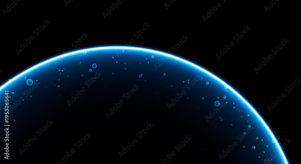 Obraz premium Glowing blue semi-sphere with bubbles against a black background, suggesting space or water