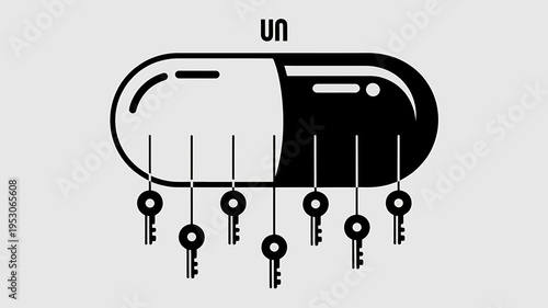 Pill capsule with multiple keys hanging down  unlocking medicine concept