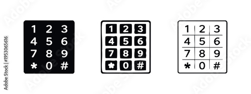 Numeric keypad and dial pad icon set for phone, security, and digital input, in solid, outline, and detailed styles.
