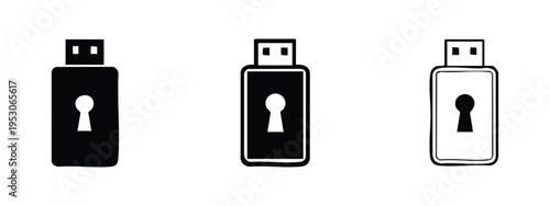 Secure USB flash drive with keyhole icon set for data protection and encrypted storage, in solid, outline, and detailed versions.