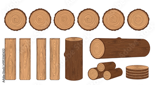 Various wooden logs and planks for construction and design  natural materials