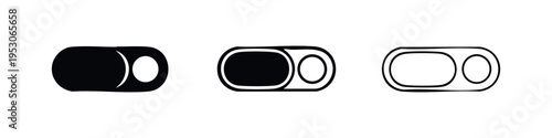 Webcam privacy cover icon set in open position for digital security and protection, showing solid, outline, and detailed styles.