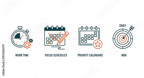 Icons for productivity and time management concepts on white background