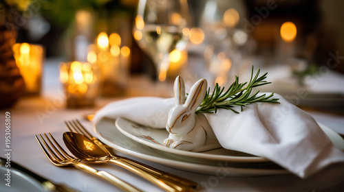 Close up of a pair of ceramic rabbit salt and pepper shakers on a formally set Easter dinner table beside a crisp white napkin folded into a bishop's hat shape fresh rosemary