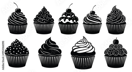 Silhouette of eight decorated cupcakes in two rows