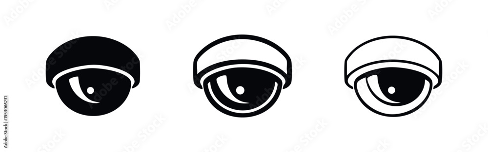 Fototapeta premium Dome Security Camera Icon Set. CCTV Surveillance Symbol in Solid, Outline, and Thin Outline Styles for Monitoring.