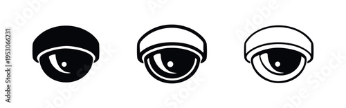 Dome Security Camera Icon Set. CCTV Surveillance Symbol in Solid, Outline, and Thin Outline Styles for Monitoring.