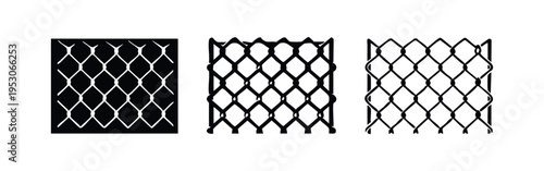 Wire Fence Icon Set. Chainlink Mesh Barrier Symbols in Solid, Outline, and Thin Outline Styles for Security and Property.