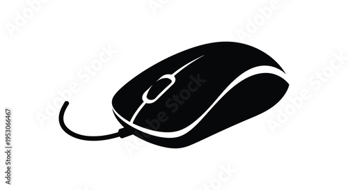 Silhouette of a black computer mouse with cord and white accents