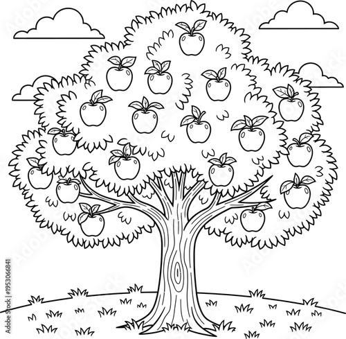 Black and white illustration of an apple tree isolated on transparent background