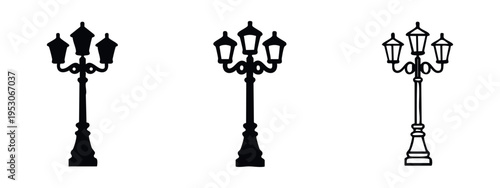 Ornate Multi-Lantern Street Lamppost Icons Set in Solid, Outline, and Thin Line Styles