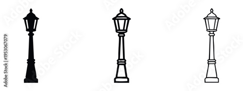 Traditional Classic Street Lamppost Icons Set in Solid, Outline, and Thin Line Styles