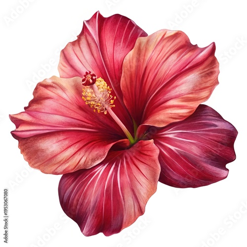 Elegant crimson hibiscus blossom on white background, showcasing botanical beauty