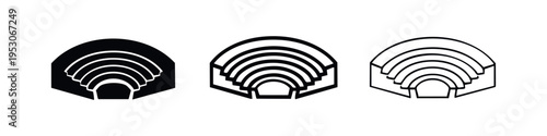 Modern Amphitheater or Lecture Hall Icon Set - Solid, Outline, and Detailed Line Art Vector Illustrations