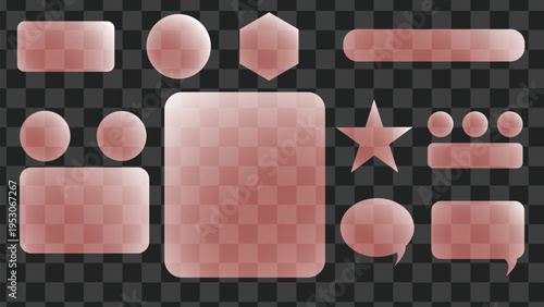 Set of translucent pink glass buttons and shapes for web ui design