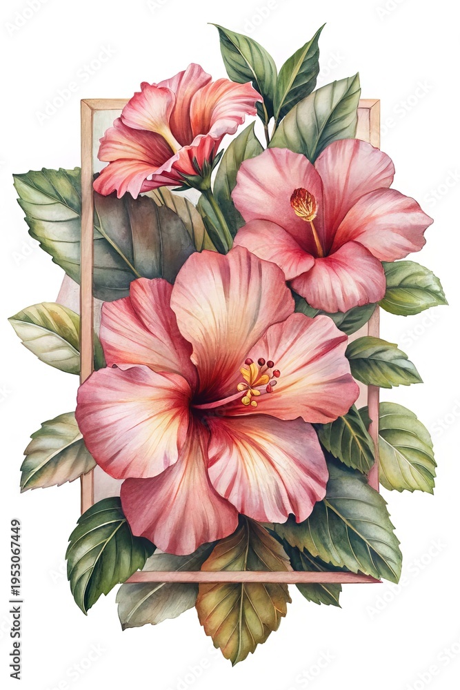 Obraz premium Watercolor Hibiscus Flowers with Lush Green Leaves and Frame Design