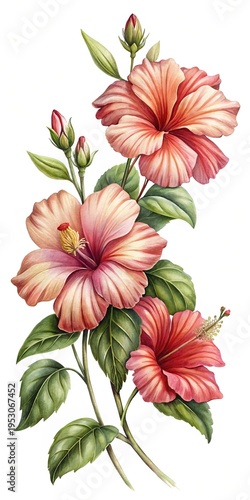 Watercolor painting of beautiful hibiscus flowers on a white background creates elegance