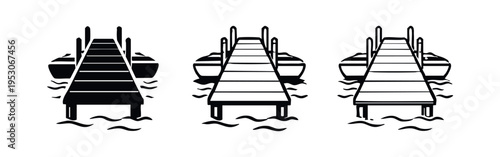 Wooden Dock with Moored Boats Icon Set