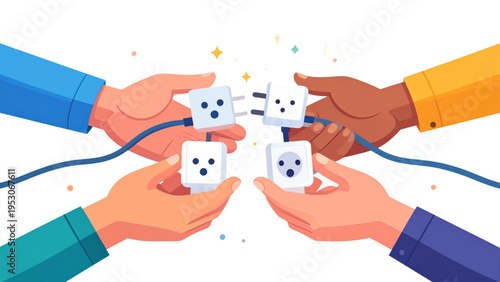 Vector illustration of diverse hands holding electrical plugs connected by cables symbolizing global connectivity, teamwork, collaboration, and innovation