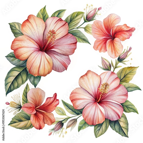 Watercolor hibiscus floral wreath with tropical flowers and leaves on white background