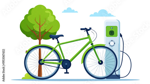 Vector illustration of eco friendly electric bicycle connected to charging station with tree and clouds symbolizing sustainable transportation and clean energy