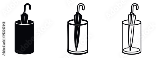 Umbrella Stand with Closed Umbrella Icons Set. Rainy Weather Accessory.