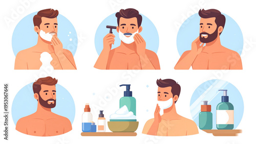 Vector illustration of man grooming beard with shaving cream, razor, skincare products, and trimmed facial hair showing male hygiene routine