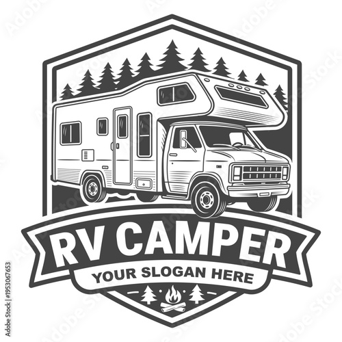 RV camper logo emblem with forest pine trees and campfire, outdoor travel and camping design for branding or adventure services. Vector camper logotype.