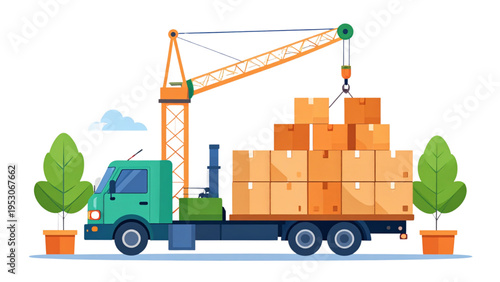 Vector illustration of worker guiding truck crane lifting cardboard box with stacked packages representing logistics, transportation, and industrial supply chain