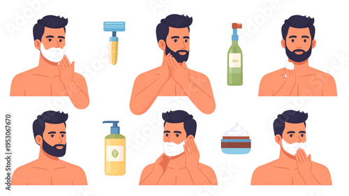 Vector illustration of man grooming beard with shaving cream, razor, skincare products, and trimmed facial hair showing male hygiene routine