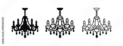 Chandelier Icon Set. Elegant Hanging Lamp Symbol Vector Illustration in Solid, Outline, and Detailed Outline Styles.