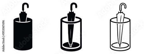 Umbrella Stand Icon Set. Stylish Umbrella Holder Vector Illustration in Solid, Outline, and Detailed Outline Styles.