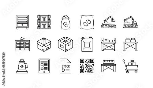 Industrial storage cabinet, plastic crate stack, bulk sack bag, reach truck vehicle, conveyor belt line, compartment organizer box