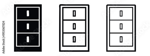 Three-Drawer Cabinet Icon Set. Storage Unit Vector Illustration in Solid, Outline, and Detailed Outline Styles.