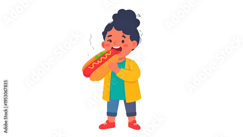 Cute child eating hot dog fast food cartoon character holding sandwich snack isolated on white background vector illustration