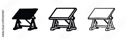 Isometric Drafting Table Icon Set. Adjustable Drawing Board Symbols for Creative Work