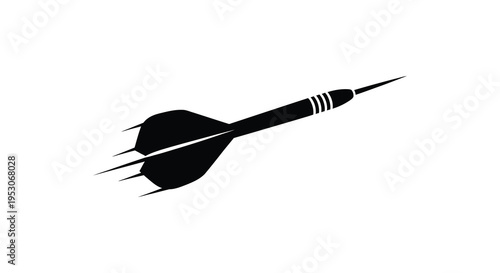 Silhouette of a dart with fletching and pointed tip in black on white background