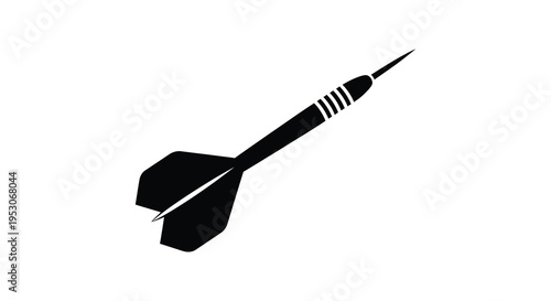 Silhouette of a dart with a pointed tip and fletching isolated on a white background