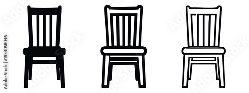 Minimalist Wooden Chair Icon Set (Front View). Modern Dining or Kitchen Seating Furniture Symbol Vectors