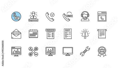 Internet service interface, registered user silhouette, verification code phone, call center operator icon, messaging inbox symbol