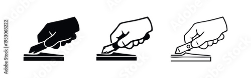 Hand with Utility Knife Cutting into a Surface Icon Set