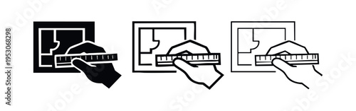 Hand measuring a blueprint with a ruler icon set, representing architectural planning, design, and construction.