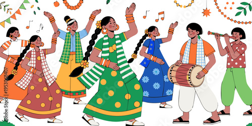 Colorful illustration of people celebrating Bohag Bihu, traditional attire, dancing, and playing musical instruments in a festive atmosphere with decorative elements