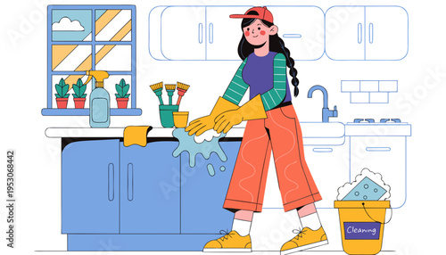Illustration of a young woman cleaning kitchen countertop with sponge and soap, surrounded by cleaning supplies and potted plants in a bright kitchen setting