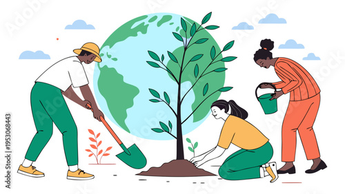 Diverse group of people planting a young tree in front of a stylized globe, symbolizing Earth Day and environmental conservation efforts in a colorful illustration