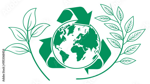 Earth Day logo featuring a green globe surrounded by recycling arrows and leaves, symbolizing environmental awareness and sustainability efforts for the planet